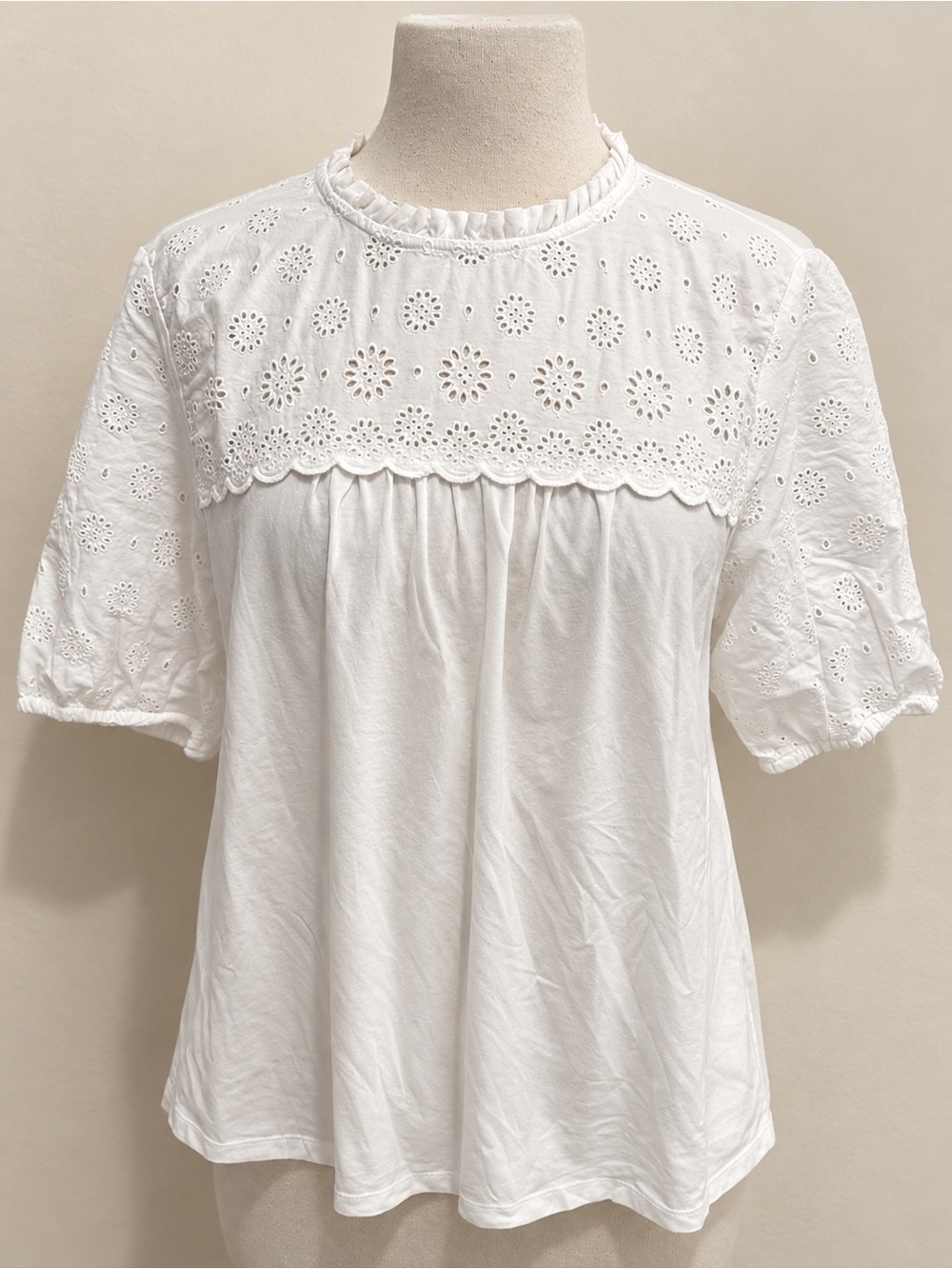 crown & ivy White Eyelet Ruffle Yoke Short Sleeve Top